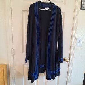 Liz Claiborne Black Open-Front Cardigan with Blue Stripe Trim